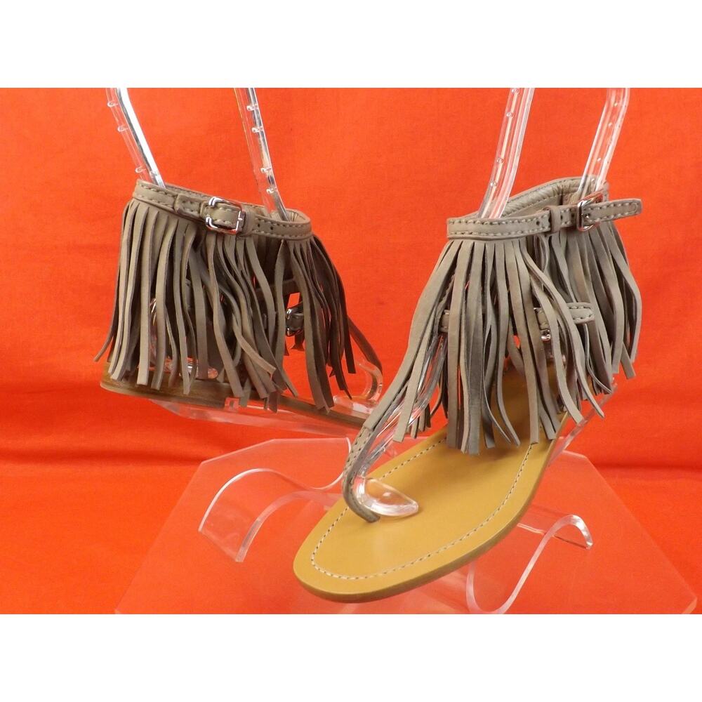 NIB PRADA 1Y703F BEIGE SUEDE FRINGE TRIMMED DOUBLE BUCKLE THONG FLAT SANDALS 36 - Picture 6 of 10
